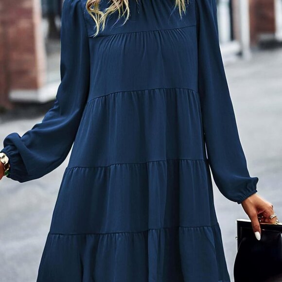 Long Sleeve Baby Doll Dresses Women 2025 Casual Fall Winter Ruffle Mock Neck Tie - Picture 3 of 5